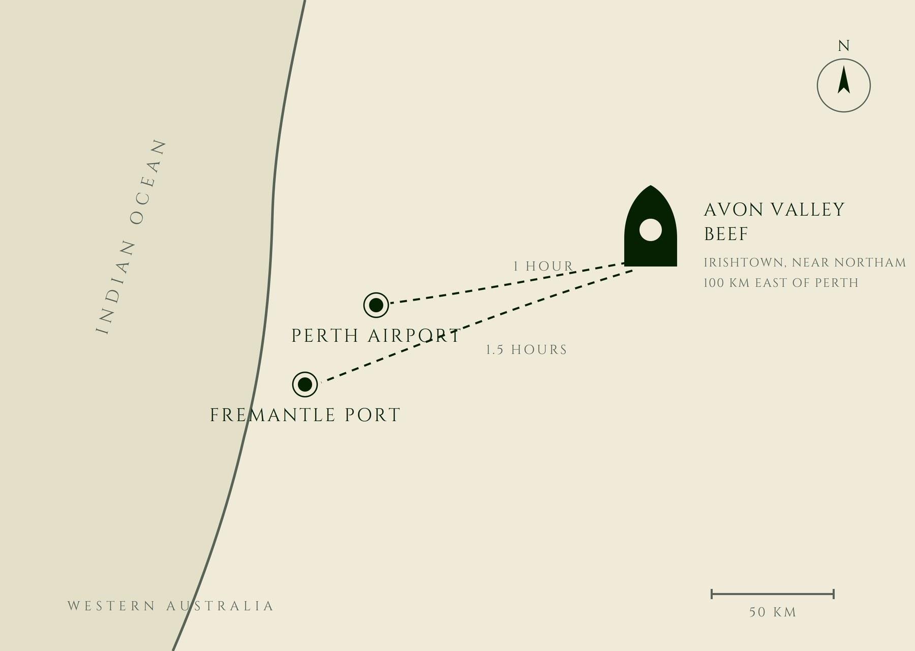 Map showing Avon Valley Beef relative to Perth Airport and Fremantle Port